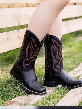 Women's Black Cowboy Combat Boots with Brown Stitching